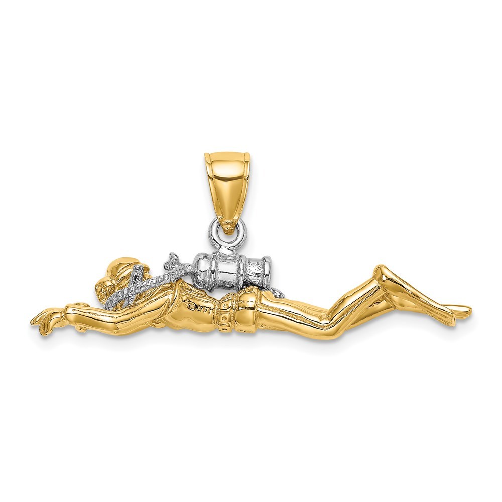 14k Yellow Gold w Rhodium 3-D Male Scuba Diver Necklace Charm Pendant, Unisex